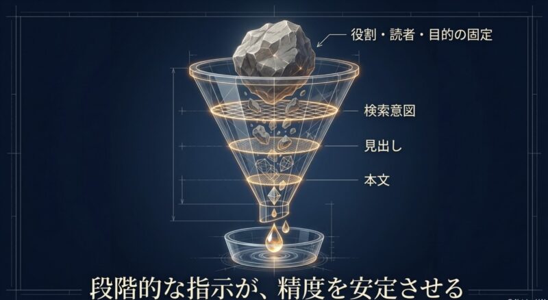 役割や読者を固定し、段階的に見出しから本文へと落とし込む漏斗の図解
