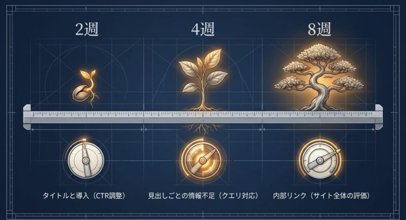 公開後2週、4週、8週で行うCTR調整や内部リンク最適化のタイムライン
