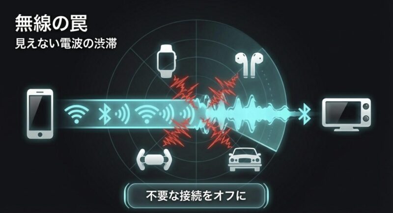 スマホ、スマートウォッチ、イヤホン、車の間で起こる見えない電波の渋滞と「不要な接続をオフに」という対策を示す図解