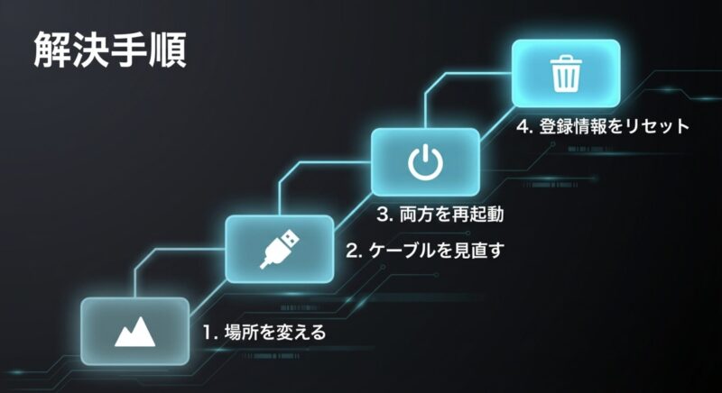 圏外時の具体的な解決手順として「1.場所を変える、2.ケーブルを見直す、3.両方を再起動、4.登録情報をリセット」の4ステップを示す図解