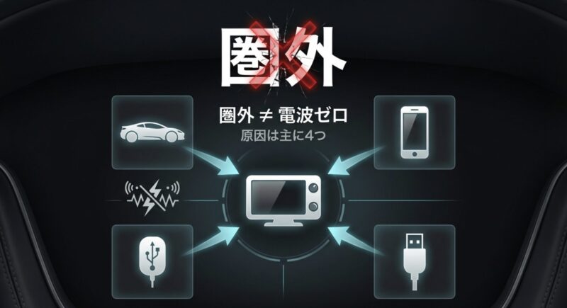 ディスプレイオーディオが圏外になる4つの主な原因（車両、スマホ、有線、無線）を示す図解