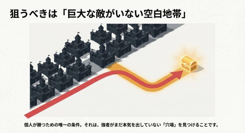 黒い城の群れを避けて、赤い矢印が宝箱へと向かうイラスト。強者がいない空白地帯を狙う戦略を図解。