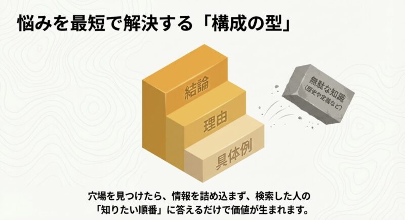 無駄な知識を省き、結論、理由、具体例の順で検索者の知りたい順番に答える記事構成の型を示したスライド