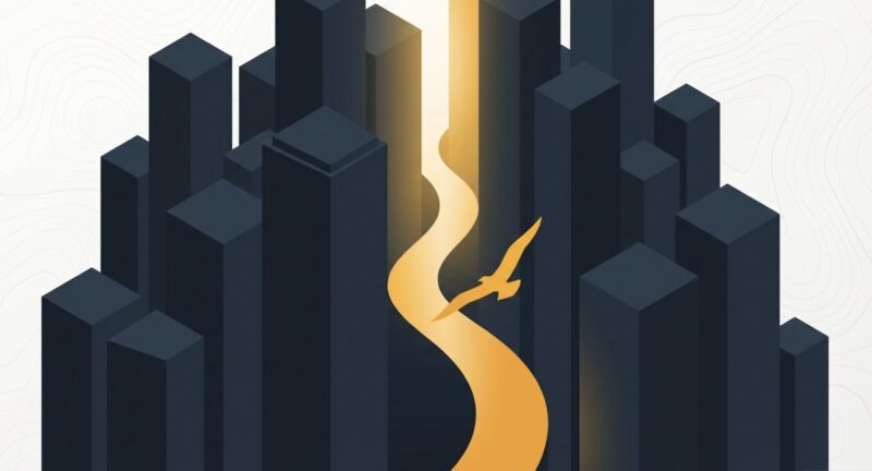 暗いビル群の間を光る川と鳥が抜けていくイラストレーション。個人ブログがSEOの隙間を狙う戦略を表現。