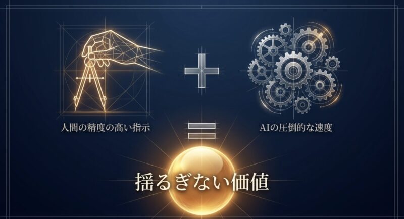 人間の精度の高い指示とAIの速度が噛み合い、揺るぎない価値を生み出す歯車のイメージ
