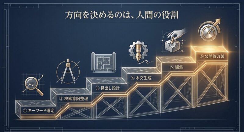 キーワード選定から検索意図整理、公開後改善まで進む6つのSEO記事作成ステップ