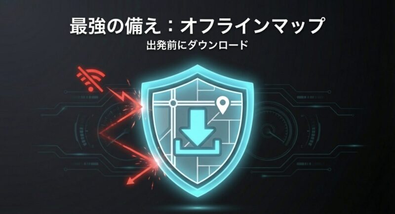最強の備えとして、出発前にオフラインマップをダウンロードするイメージ図解