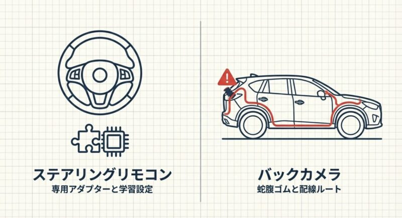 ステアリングリモコンの学習設定、バックカメラの配線ルート、専用アダプターを示すアイコン図