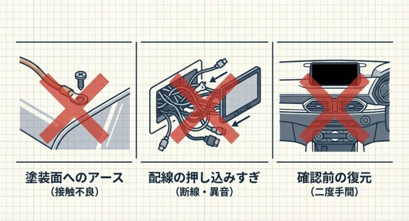 塗装面へのアース接続による接触不良、配線の押し込みすぎによる断線、確認前の復元による二度手間を示すNG図解
