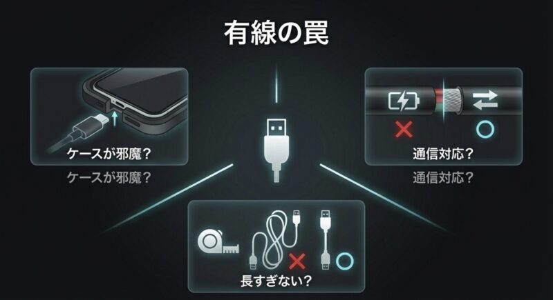 USBケーブル接続時の注意点である「ケースが邪魔」「通信非対応」「長すぎない？」の3つを指摘する図解