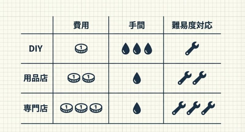 DIY、用品店、取付専門店における費用、手間、難易度対応を比較した一覧表