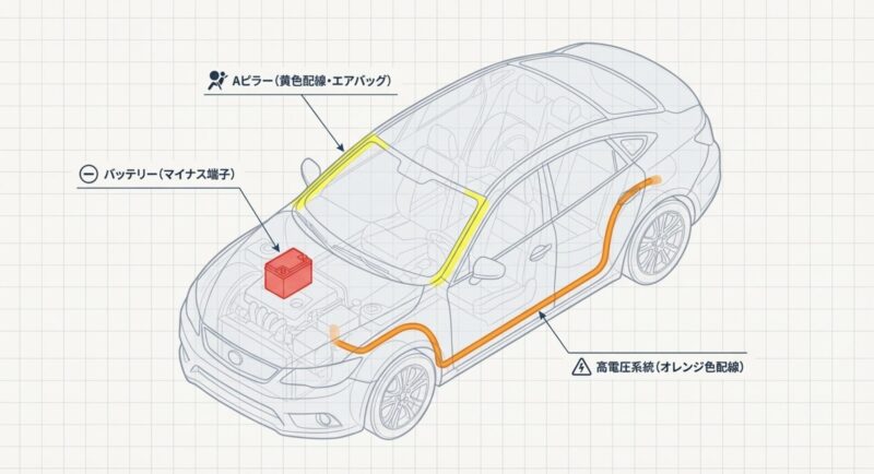 車のバッテリーマイナス端子、Aピラーのエアバッグ配線、高電圧系統のオレンジ色配線の注意位置を示す車両図解