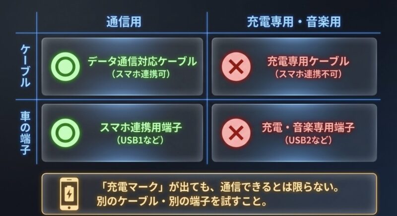 データ通信対応ケーブル（スマホ連携可）と充電専用ケーブル（スマホ連携不可）の違いを示す図です 。スマホ連携用端子（USB1など）と充電・音楽専用端子（USB2など）の違いも含まれています 。「充電マーク」が出ても通信できるとは限らないため、別のケーブルや別の端子を試すよう説明しています。