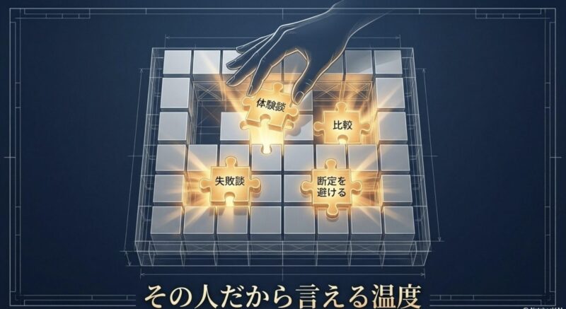 体験談、比較、失敗談などを組み込み、文章に人間らしい温度を持たせるパズル図解
