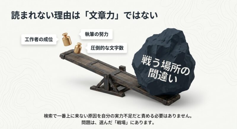 「読まれない理由は『文章力』ではない」というメッセージと、検索上位に来ない原因は戦場選びにあることを示す図解