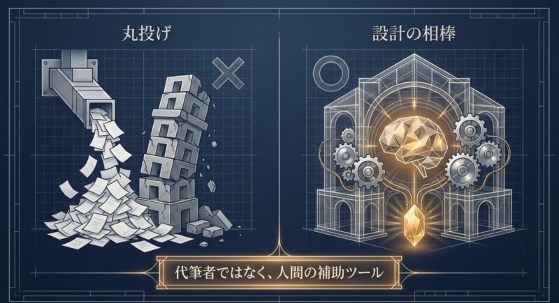 AIへの丸投げは避け、人間の補助ツール・設計の相棒として活用する図解