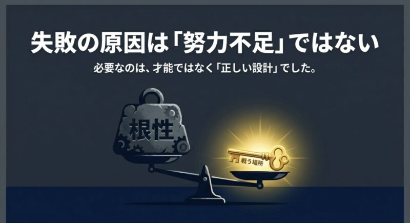 天秤に乗せられた重い「根性」と輝く「戦う場所」の鍵のイラスト。失敗の原因は才能や努力不足ではなく、正しい設計であることを示している。