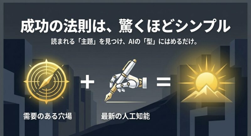 ロボットの手がペンを持つイラストと山の日の出のイラスト。「需要のある穴場」と「最新の人工知能」を組み合わせることで、主題をAIの型にはめるだけのシンプルな成功法則を表している。