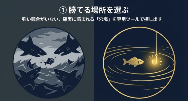 サメに囲まれた小魚と、安全な場所で光る釣り針を見つける魚のイラスト。強い競合がいない、確実に読まれる穴場を専用ツールで探し出す重要性を示している。
