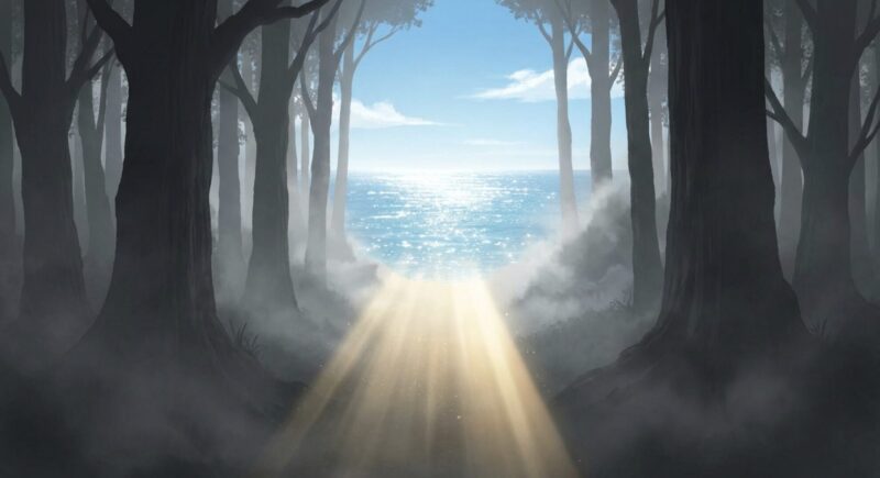 暗い森を抜けて明るい海へと続く、ブログ再起の希望と新たな道筋を表すイメージ
