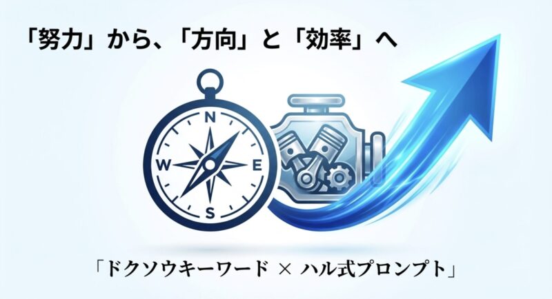 努力から方向と効率へシフトするドクソウキーワードとハル式プロンプトのコンセプト図
