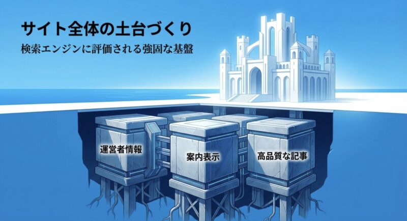 検索エンジンに評価される強固な基盤となる運営者情報や案内表示などの土台づくり