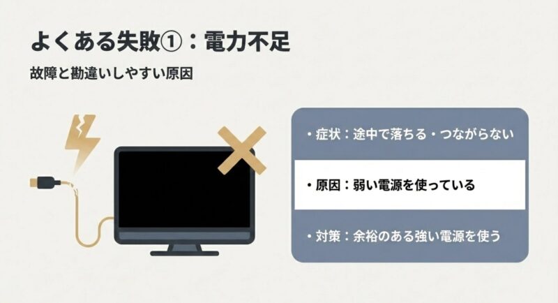途中で落ちるなどの原因になりやすい電力不足の症状と、強い電源を使った対策の解説