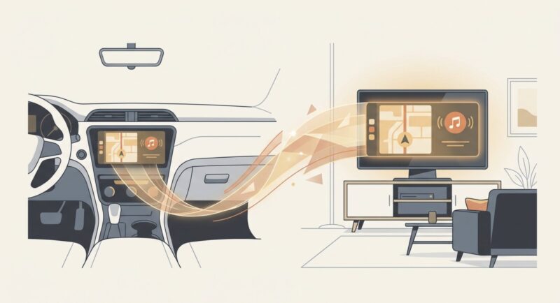 車のCarPlay環境を家のテレビやモニターにワイヤレスで接続して再現するイメージイラスト