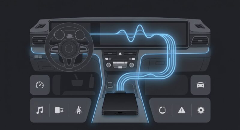 車のダッシュボードでCarlinkit本体が車載ディスプレイに接続されているイメージイラスト