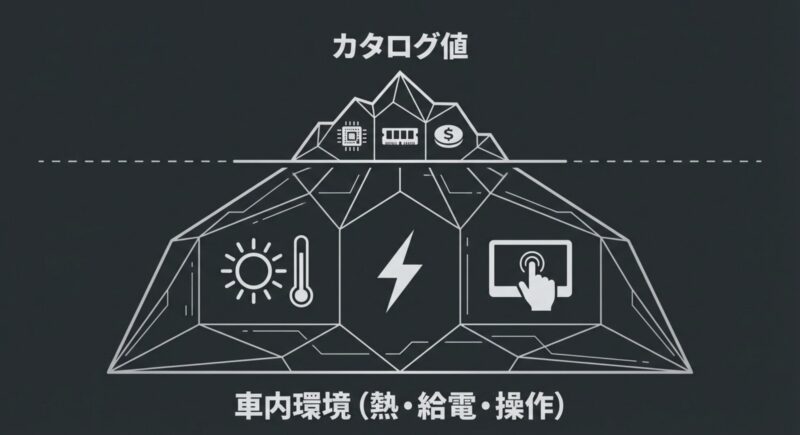氷山に例えたAI Boxの比較図。水面上のカタログ値に対して、水面下には熱対策、給電、操作性などの車内環境が隠れていることを示している。