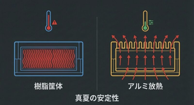 筐体素材による熱対策の比較図。熱がこもりやすい樹脂筐体に対し、アルミ放熱は熱を効率よく逃がし真夏の安定性を保つことを示している。