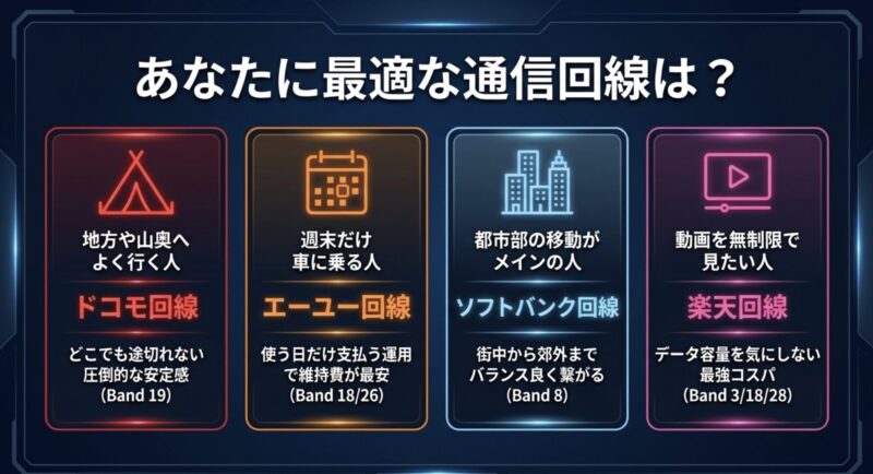 ドコモ、au、ソフトバンク、楽天モバイルの各通信回線の特徴と、ユーザーの目的に合わせた選び方の比較表