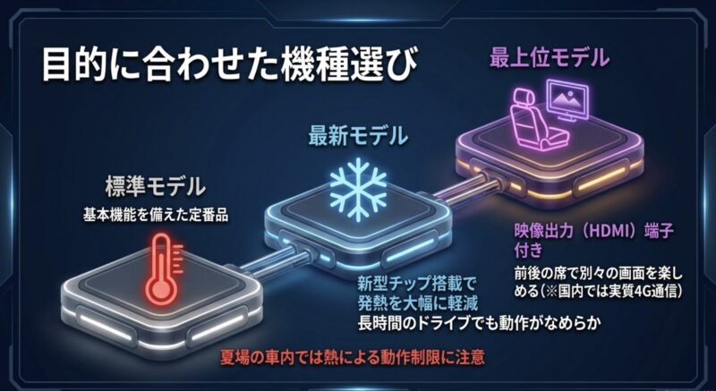 CarlinKitの標準モデル、最新モデル、最上位モデルの特徴と、発熱対策やHDMI端子有無などのスペック比較