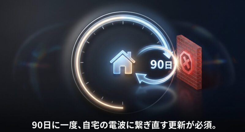90日に1回、自宅のネットワークに接続し直す必要があるどこでもディーガの更新ルールのイメージ