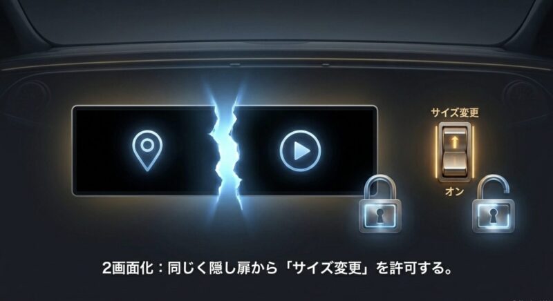 開発者オプションでアクティビティのサイズ変更をオンにして、ナビアプリと動画アプリを2画面表示する設定