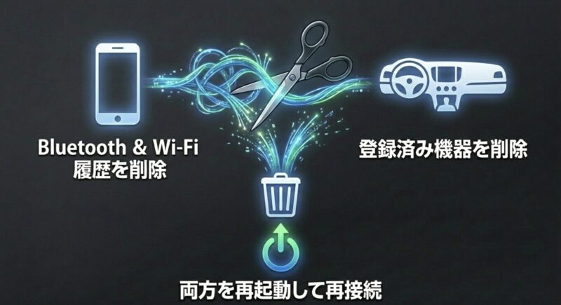 スマホと車載機のBluetoothおよびWi-Fi接続履歴を削除して再起動する手順