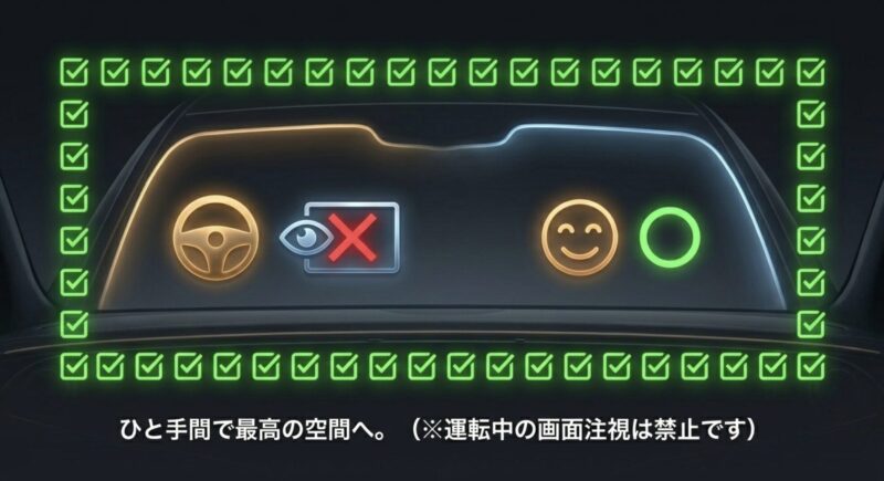 運転中の画面注視は禁止とし、同乗者が車内エンターテインメントを楽しむための安全運転の注意喚起