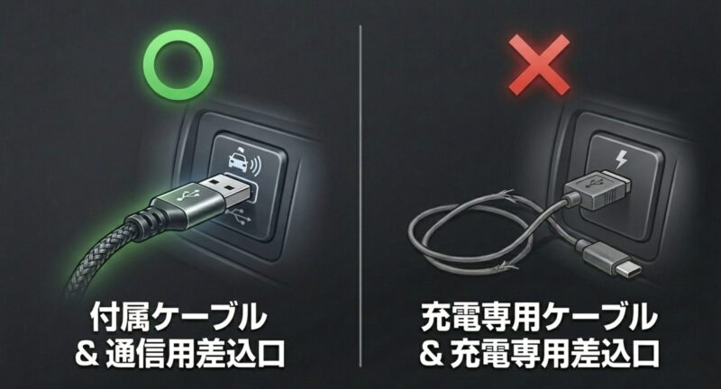 CarlinKit接続時の付属ケーブルと通信用差込口の確認方法