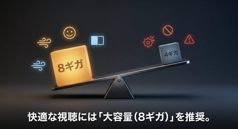 CarlinKitのメモリは4GBよりも安定して快適に視聴できる8GBモデルを推奨するイラスト