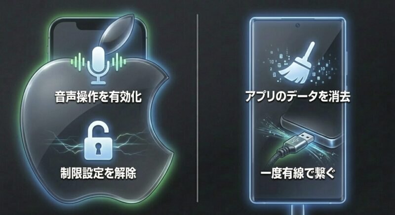 音声操作の有効化、制限設定の解除、アプリデータ消去などのスマホ側設定手順