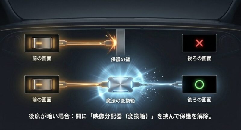 CarlinKitと後席モニターの間にHDMI分配器（魔法の変換箱）を挟むことで保護を解除し映像を映す仕組み