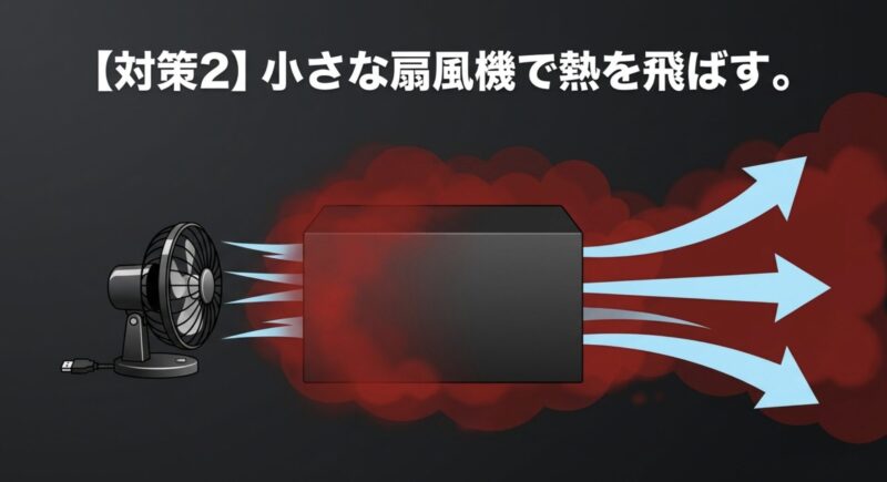日陰・風通し対策と扇風機による空冷の比較図