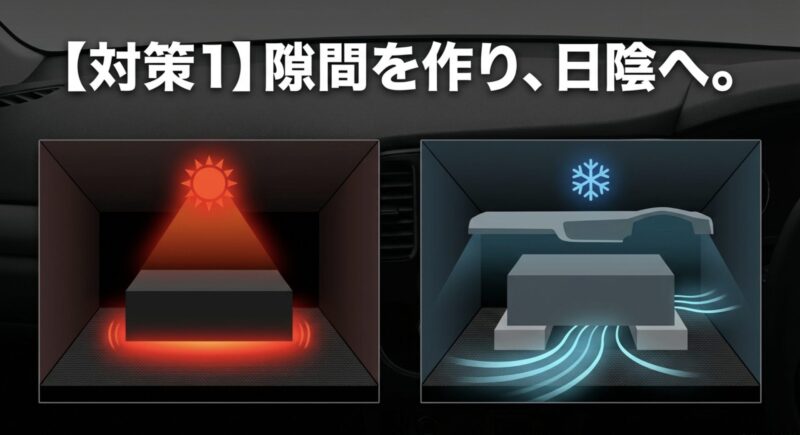 隙間を作り、直射日光を避けて配置するイメージ図