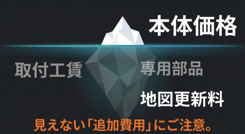 カーナビの本体価格の下には、取付工賃、専用部品、地図更新料などの見えない追加費用があることを示す氷山のイラスト