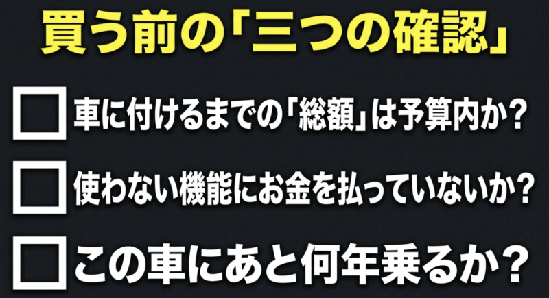 カーナビ購入前に確認すべき3つのポイント。車に付けるまでの総額は予算内か、使わない機能にお金を払っていないか、今の車にあと何年乗るか。