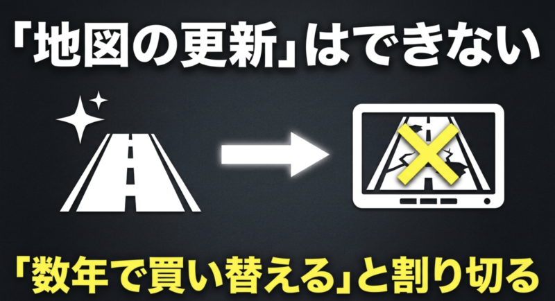安いカーナビは地図の更新ができないため、数年で買い替えると割り切る必要があることを示す注意喚起。