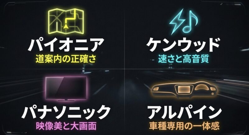 パイオニア、ケンウッド、パナソニック、アルパインそれぞれの得意分野の比較図