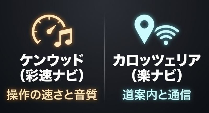 ケンウッド彩速ナビは操作の速さと音質、カロッツェリア楽ナビは道案内と通信が特徴であることを示す画像