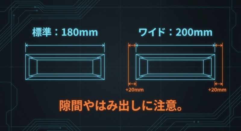 180mmの標準2DINと、左右に20mmずつ広い200mmワイド2DINのサイズ比較図