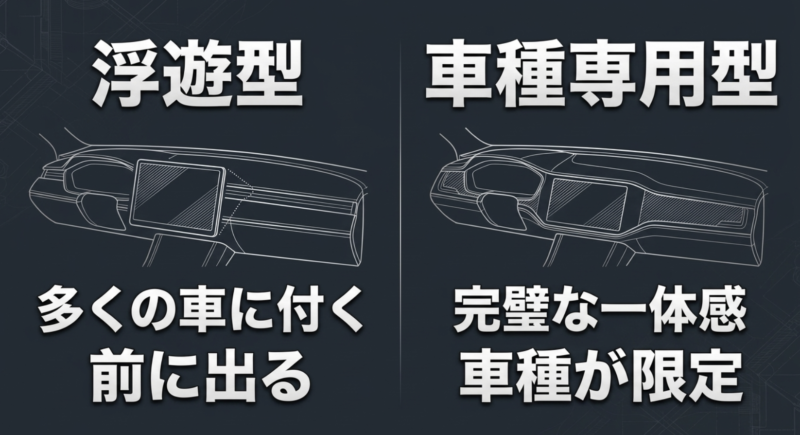多くの車に付く浮遊型と完璧な一体感の車種専用型の比較